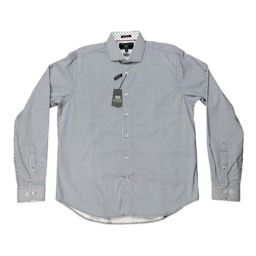 Report Collection Mens Dress Shirt White Blue Polka Dot Stretch 16 1/2 36/37 New